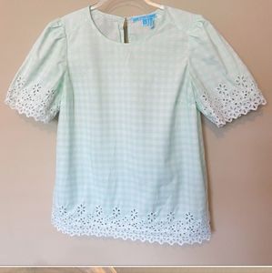 Draper James Light Green Embroidered Gingham Top